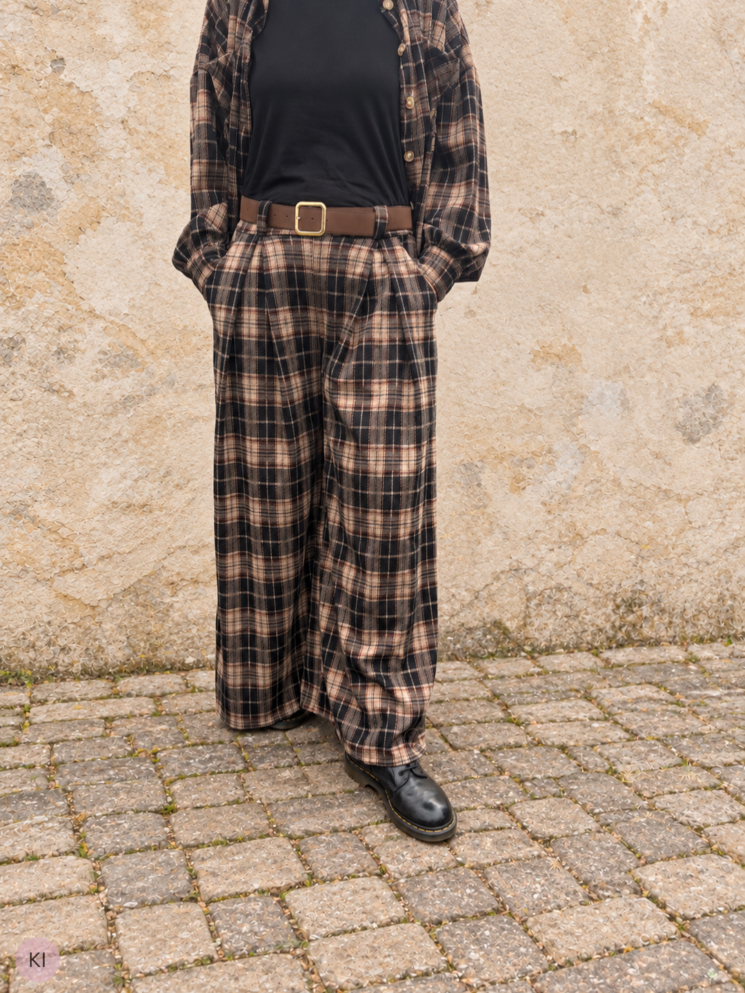 Weite Karo Hose - Schwarz/Braun/Beige