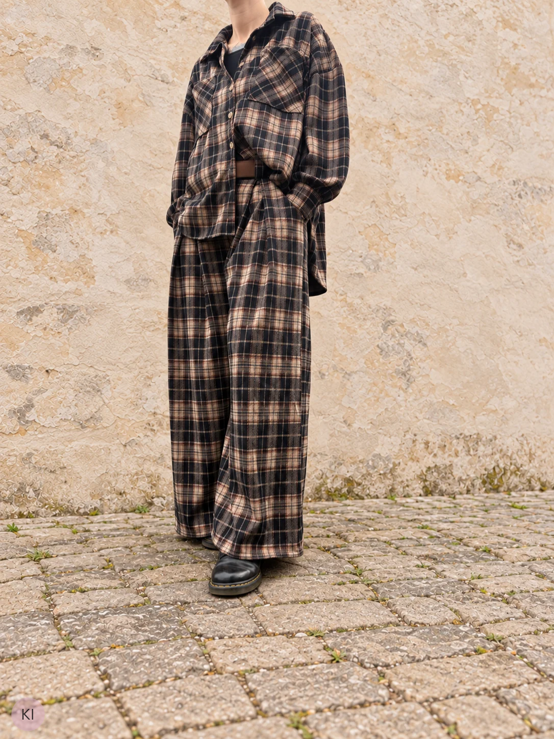 Weite Karo Hose - Schwarz/Braun/Beige