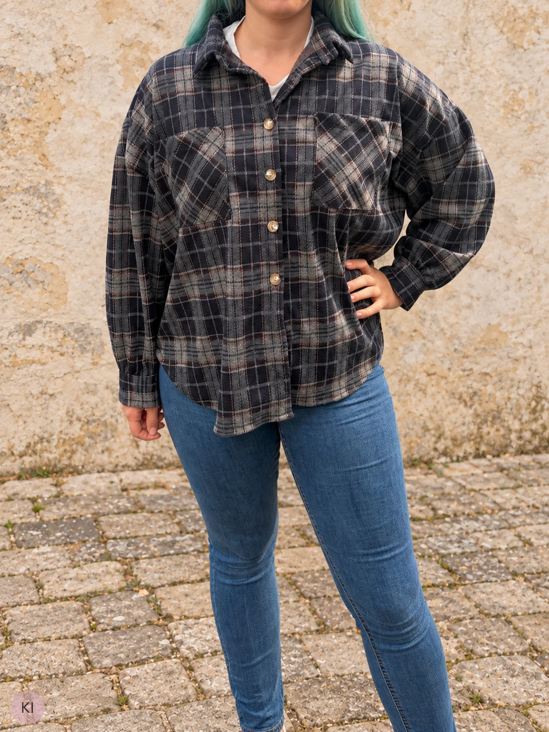 Oversized Flanellhemd - Schwarz/Beige/Grau