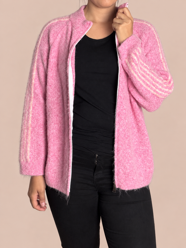 Zip Cardigan mit Streifen - Rosa