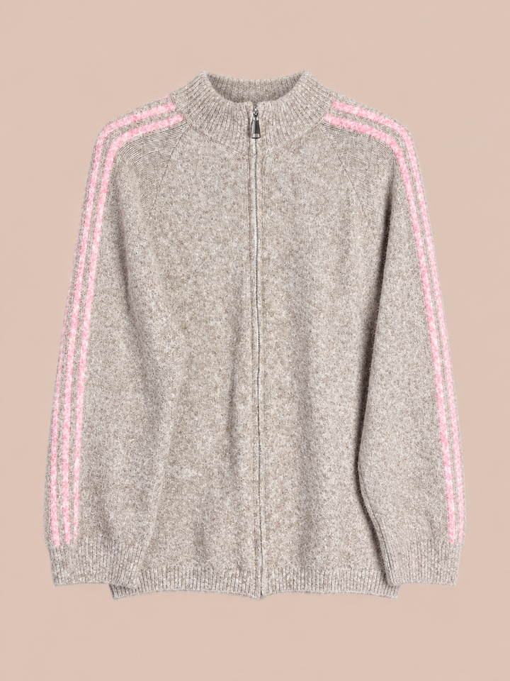 Zip Cardigan mit Streifen - Beige