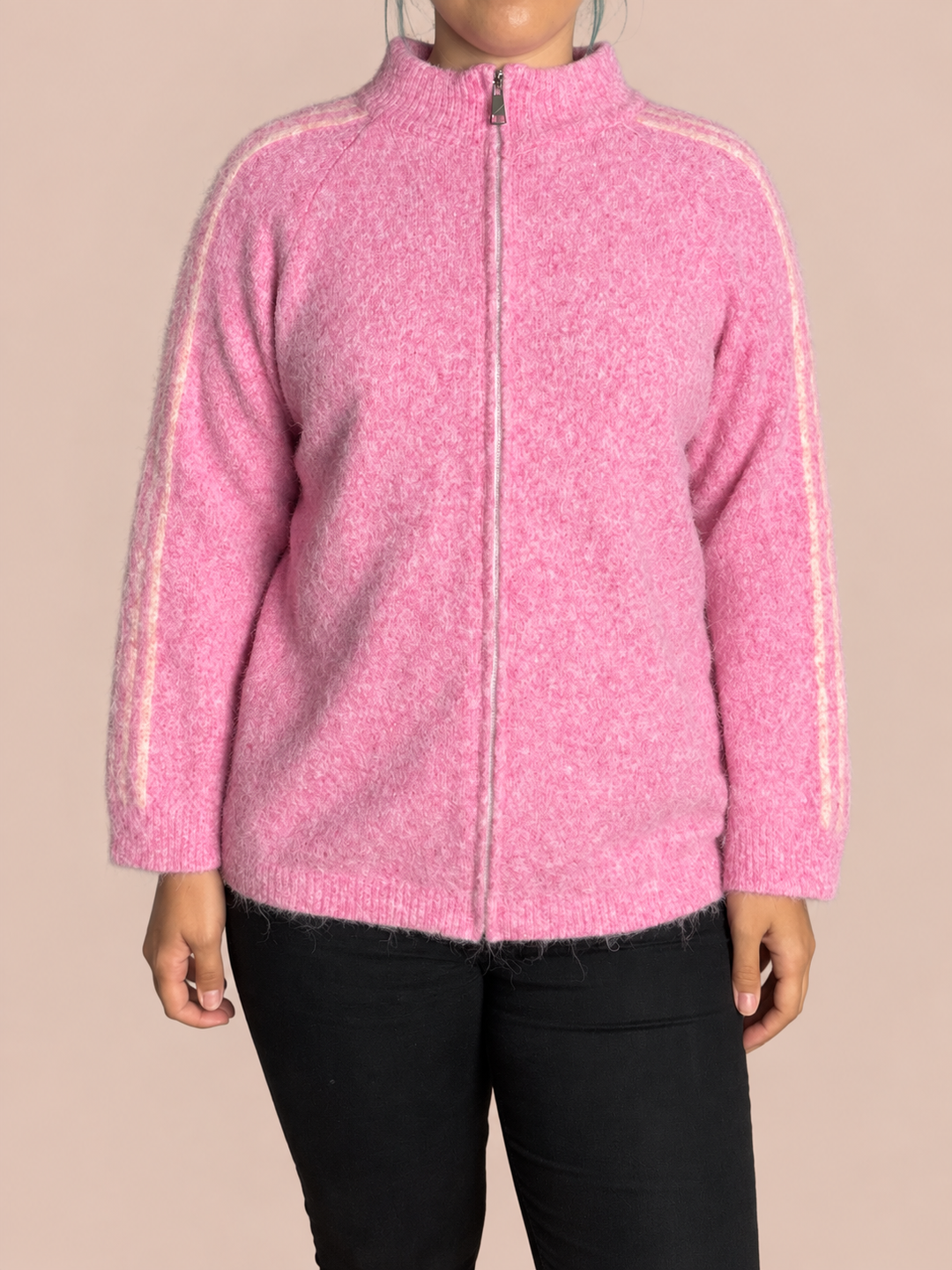Zip Cardigan mit Streifen - Rosa