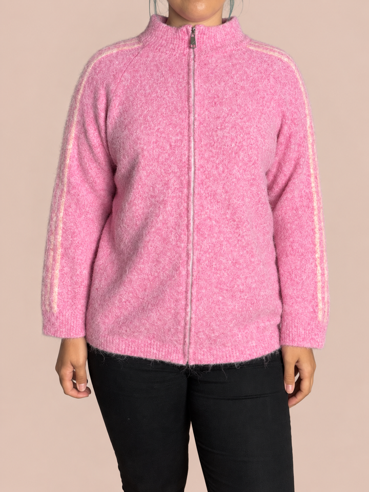 Zip Cardigan mit Streifen - Rosa