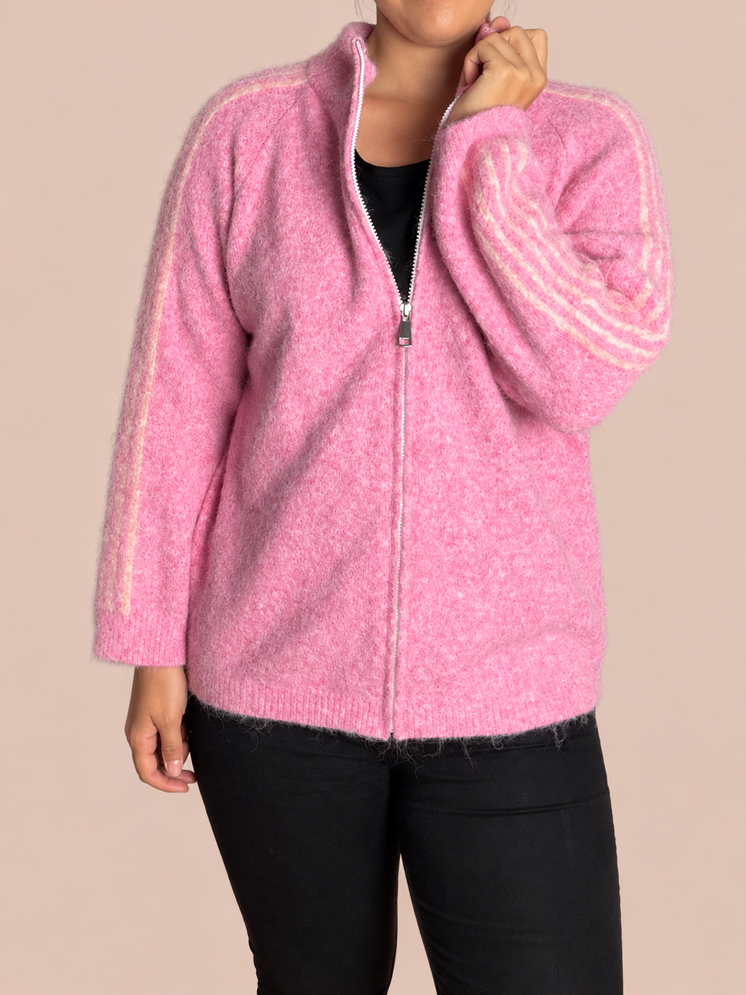 Zip Cardigan mit Streifen - Rosa